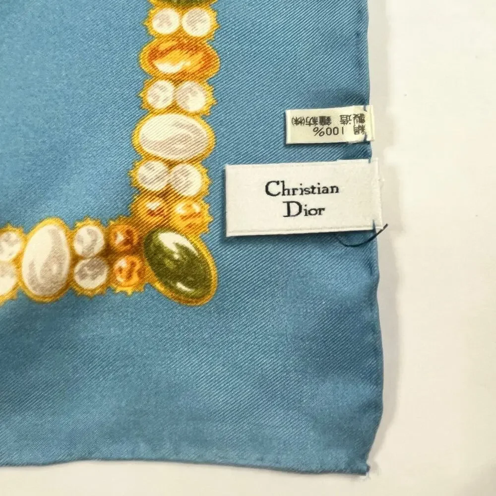 Christian Dior Silk Scarf Jewel & Watch Charm Pattern Blue 34.5